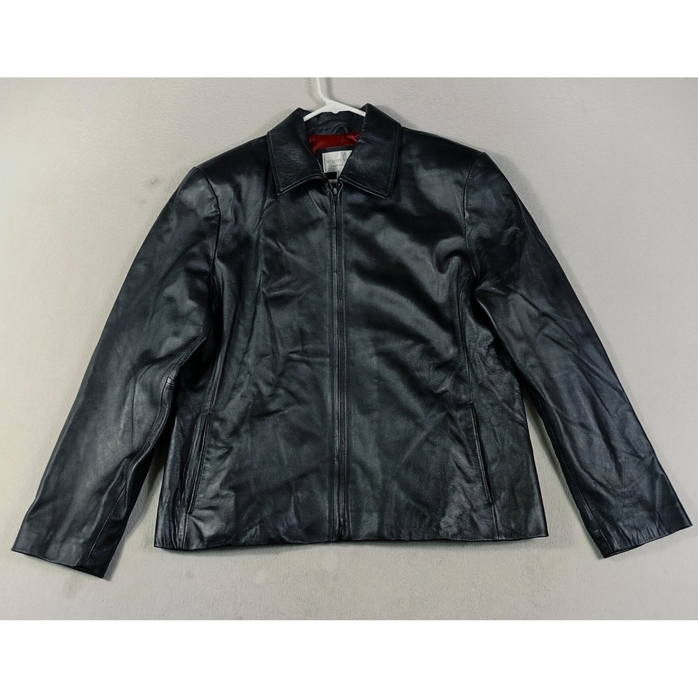 Worthington Womens Black Genuine Lambskin Leather Zip Front Collar Jacket XL